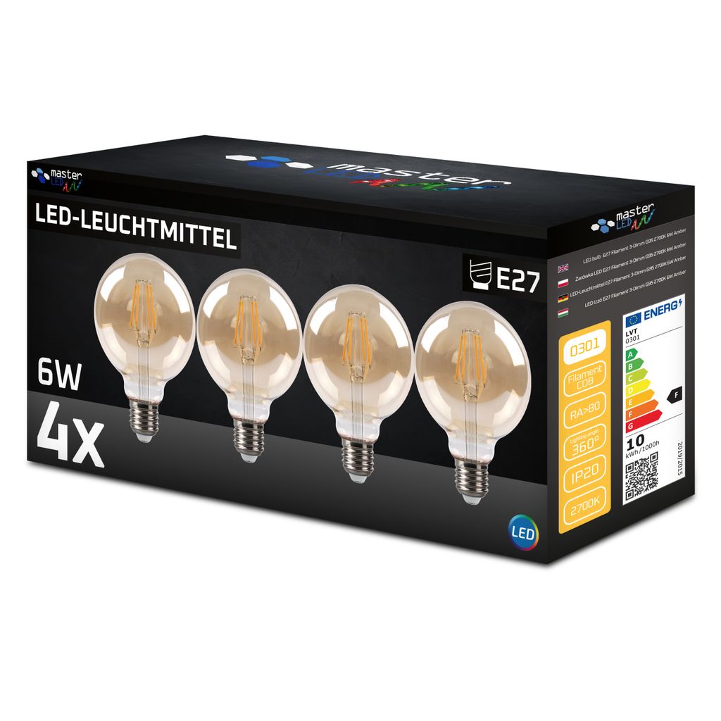 MasterLED E27 G95 Filament 3-Dimm LED - 6W 650lm - Leuchtmittel - 2700K Warmweiß Amber – 4er Set
