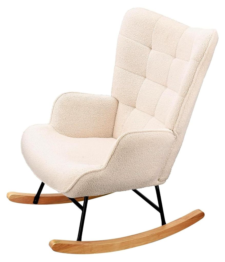 Schaukelstuhl mit Rückenlehne und Armlehnen, Plüschstuhl für Erwachsene, Relaxsessel, Gestell aus Massivholz und Metall, Wohnzimmerstuhl (beige)