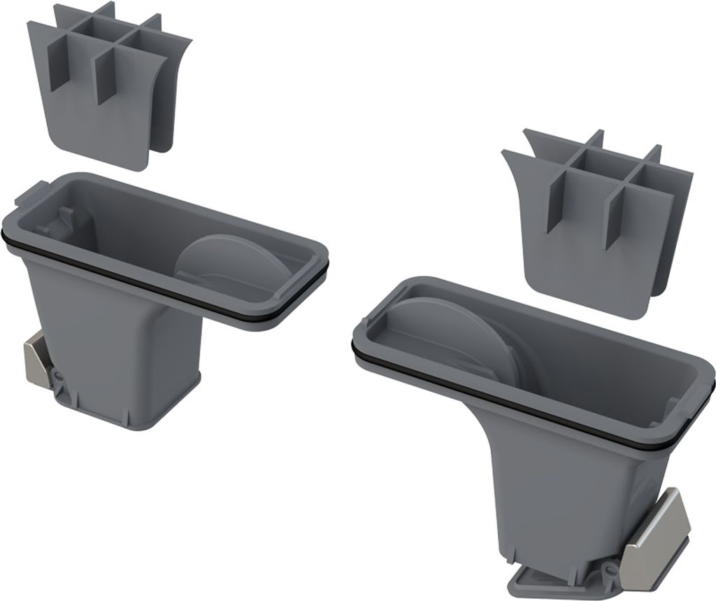 Two sets of grey plastic drain components are shown against a white background.