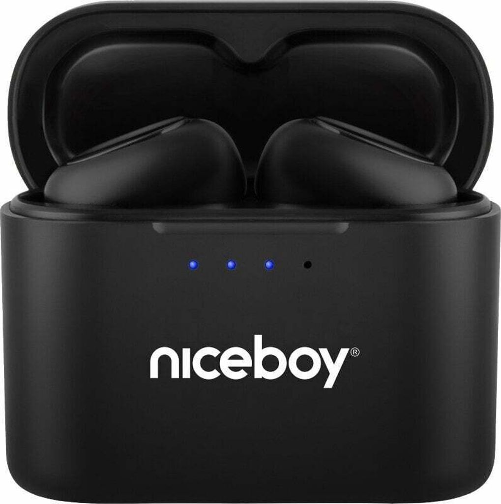 A black Niceboy HIVE Podsie 3 wireless in-ear headphone charging case with the lid open, showing the earbuds inside.