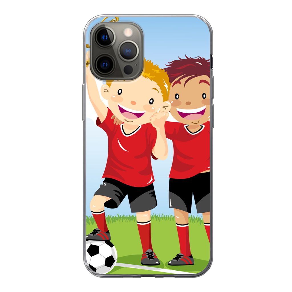 MuchoWow Handyhülle Schutzhülle Hülle für iPhone 12 Pro Eine Illustration von zwei Fußballspielern, die einen Preis gewonnen haben - Jungen ...