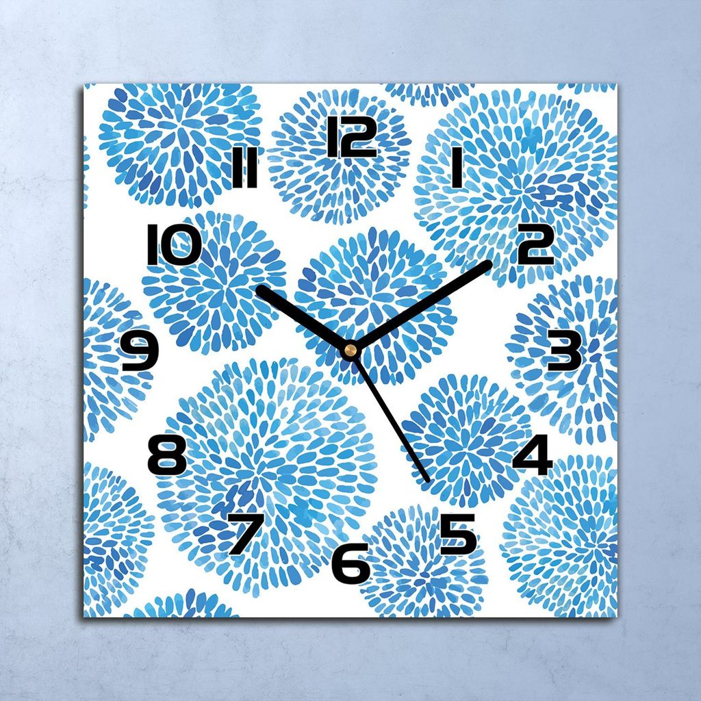 Wanduhr Echt-Glas-Küchenuhr Blumenkreise blau Quarz Lautlos 30x30 Deko Bilder