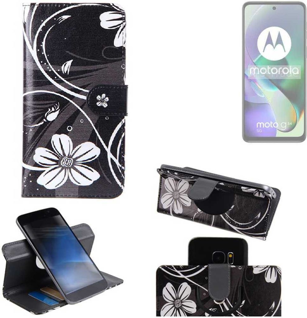K-S-Trade Schutzhülle Handyhülle kompatibel mit Motorola Moto G54 5G Hülle 360° Wallet Case “Flowers“ Klapphülle Hülle schwarz-weiß 1x
