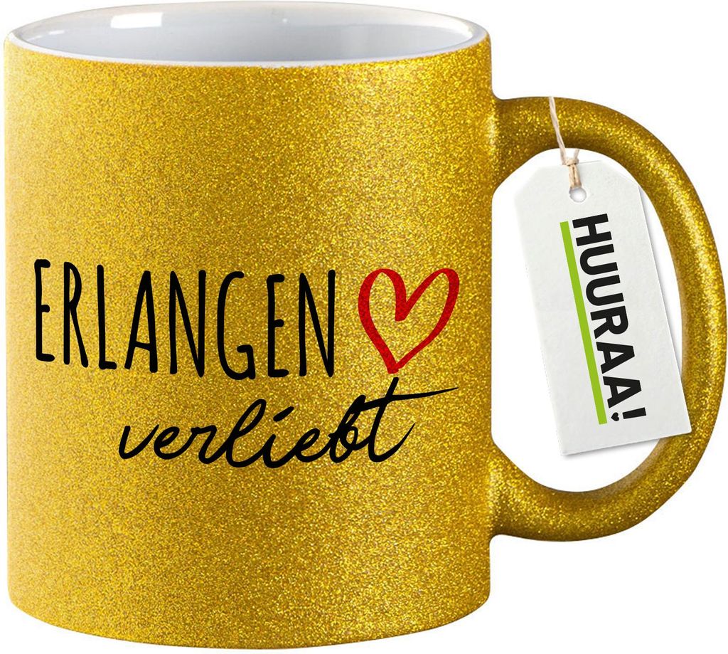 Huuraa Glitzertasse Erlangen verliebt 330ml Gold Keramik Kaffeebecher Geschenkidee