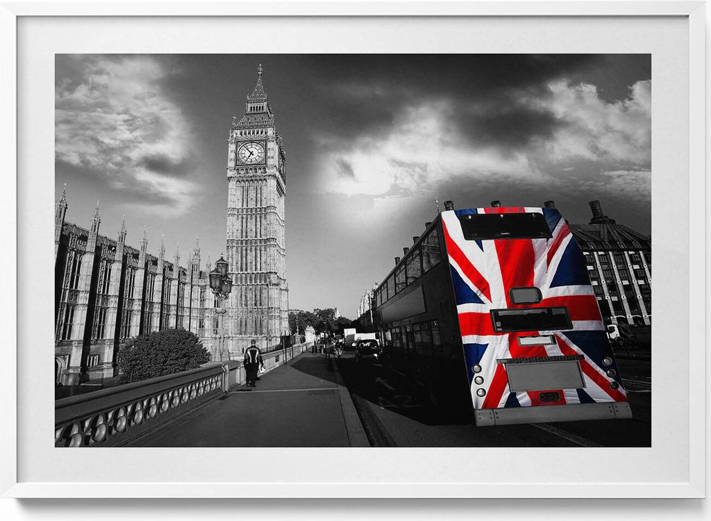 Big Ben und der Londoner Bus– Wandbild mit Rahmen – Gerahmtes Bild – Wanddekoration – 100x70 cm – Weiß Rahmen