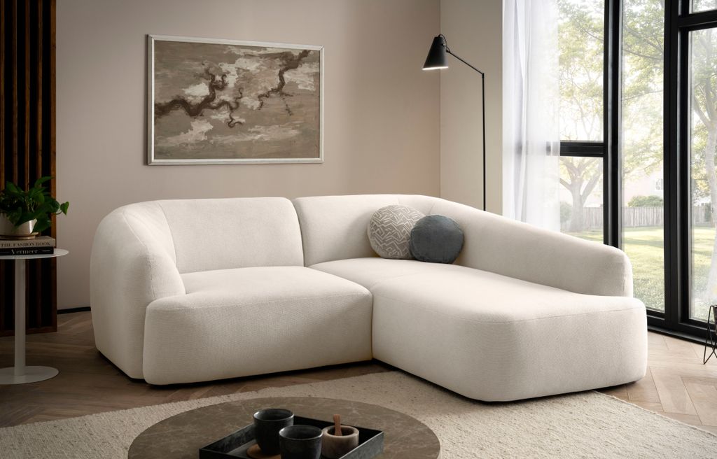 DOMO Collection Ecksofa 100 026, kleine Couch in L-Form mit Taschenfederkern, organische Form, Polsterecke, 216 x 196 x 76 cm (BxTxH), creme