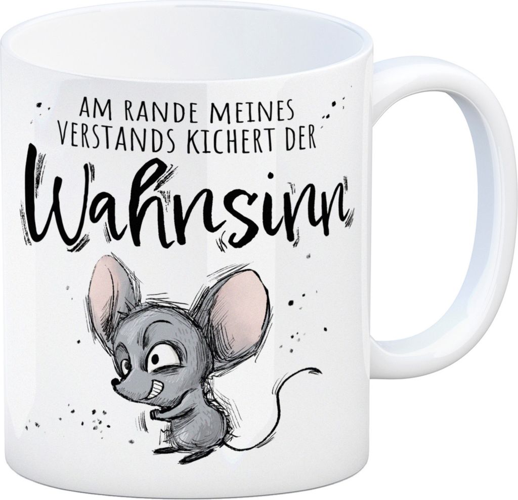 Maus Kaffeebecher mit Spruch Wahnsinn kichert am Rand des Verstands
