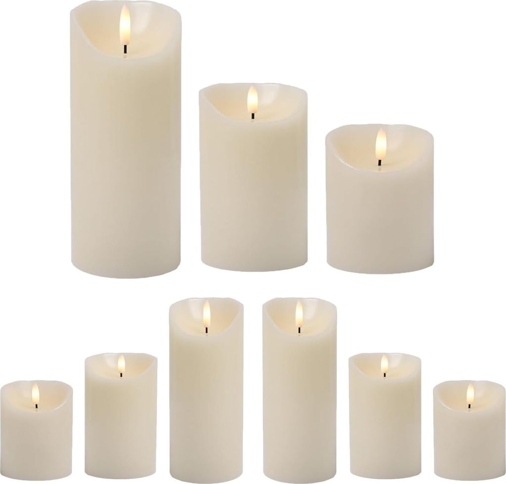 Marrakesch 9er Set LED Kerzen Stumpenkerzen in Creme weiss ? 7,5cm in 3 Größen | Echtwachs Flackernde Led Kerze Batteriebetrieben mit Timerfunkti...