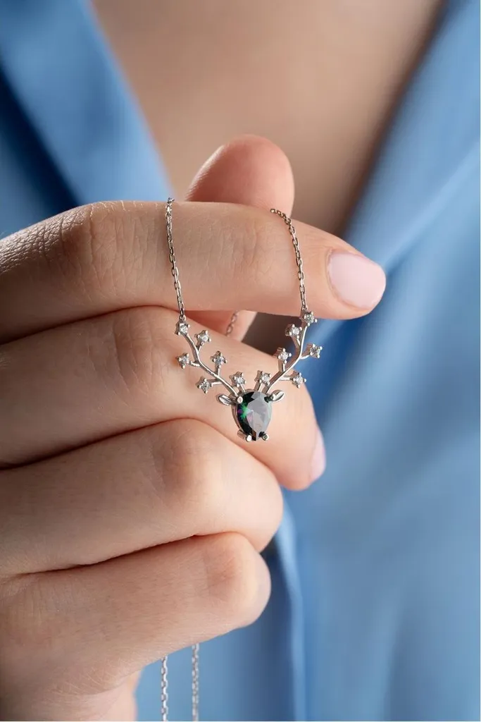 Collier renne argent 925 rhodié anti-ternissement, topaze et zircone