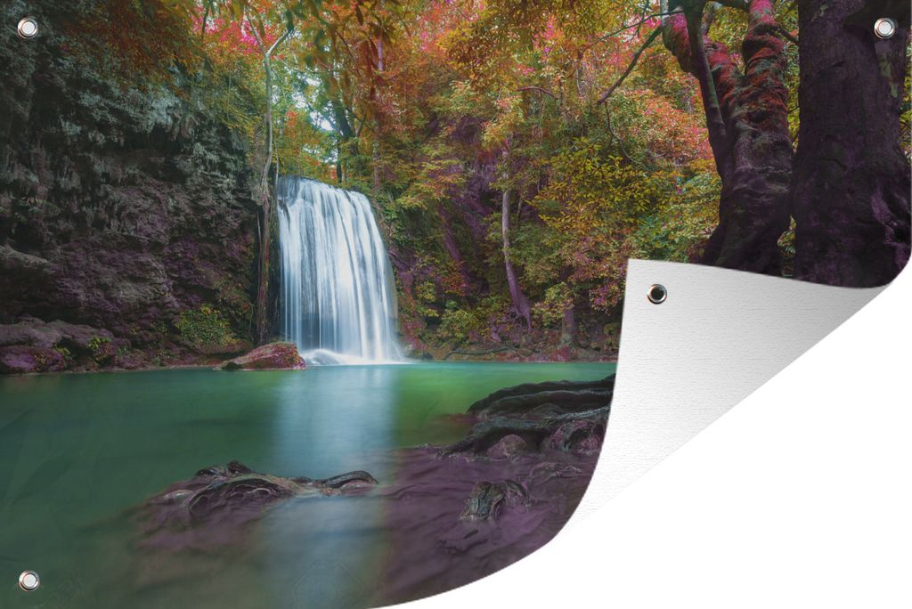MuchoWow 60x40 cm Outdoor-Poster Gartendeko Sichtschutz Garten Poster für den Garten Bunte Blätter an einem Wasserfall im Erawan-Nationalpark ...
