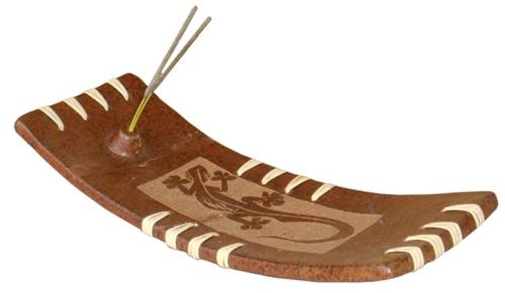 Langer Räucherhalter aus gebranntem Holz mit Gekko-Motiv, Herkunft Lombok