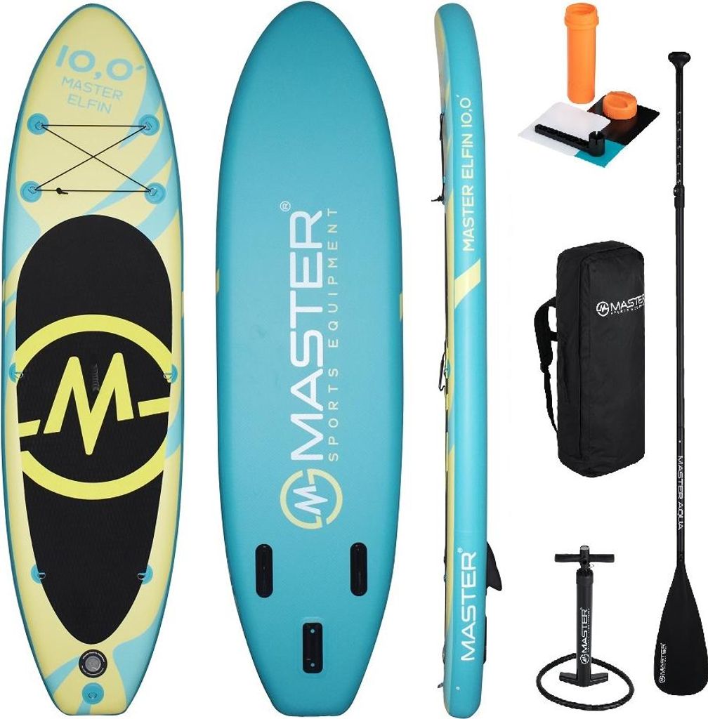 A collection of paddleboard accessories and the paddleboard itself, displayed from multiple angles.