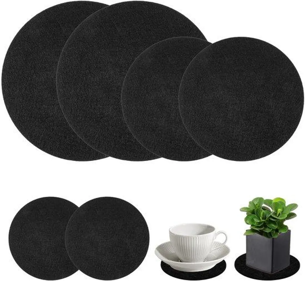 Lot de 6 sous-verres ronds en feutre noir, lavables et antidérapants