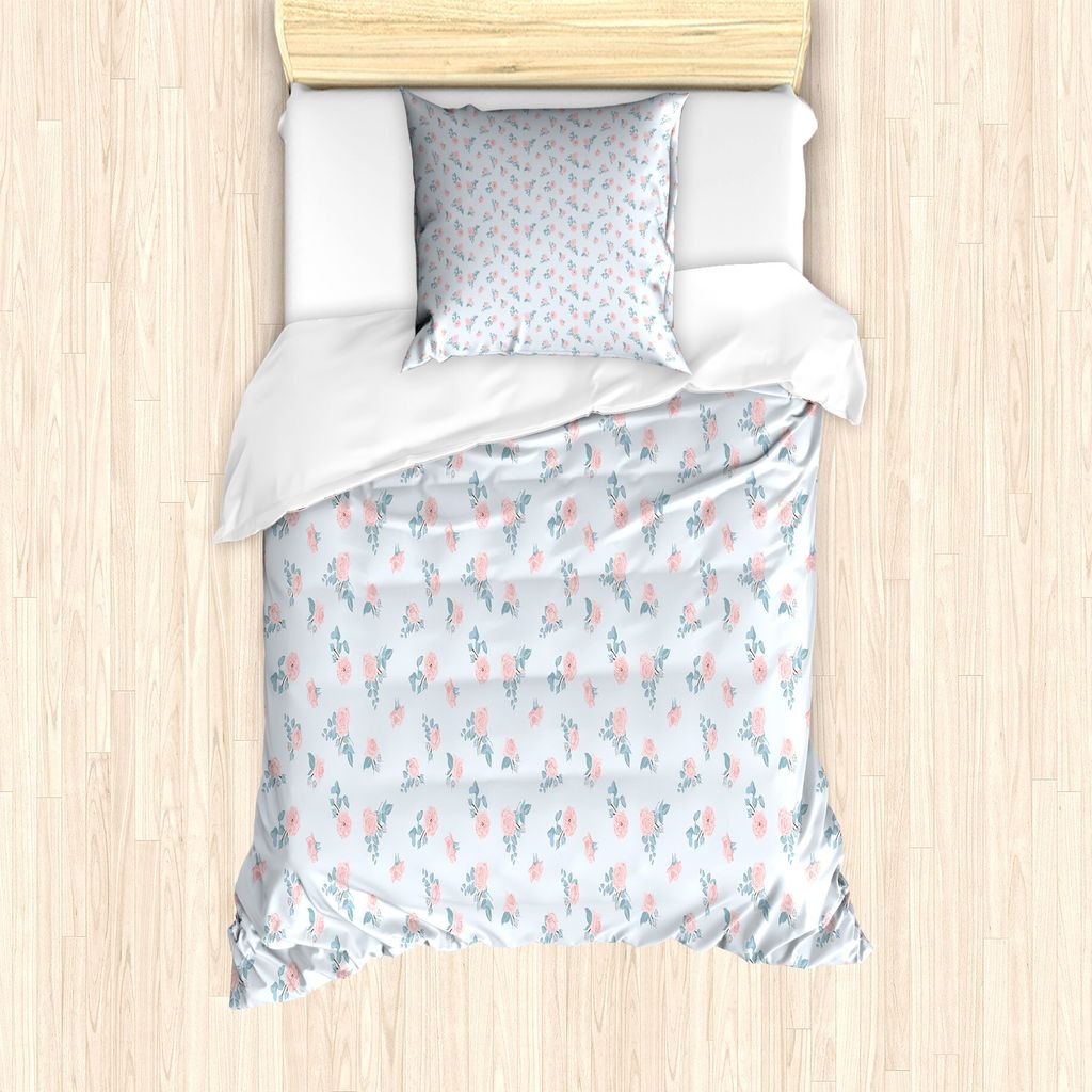 ABAKUHAUS Blau und Pink Bettbezug Set für Einzelbetten, Vintage Romance Rosen, Milbensicher Allergiker geeignet mit Kissenbezug, 135 cm x 200 cm -...