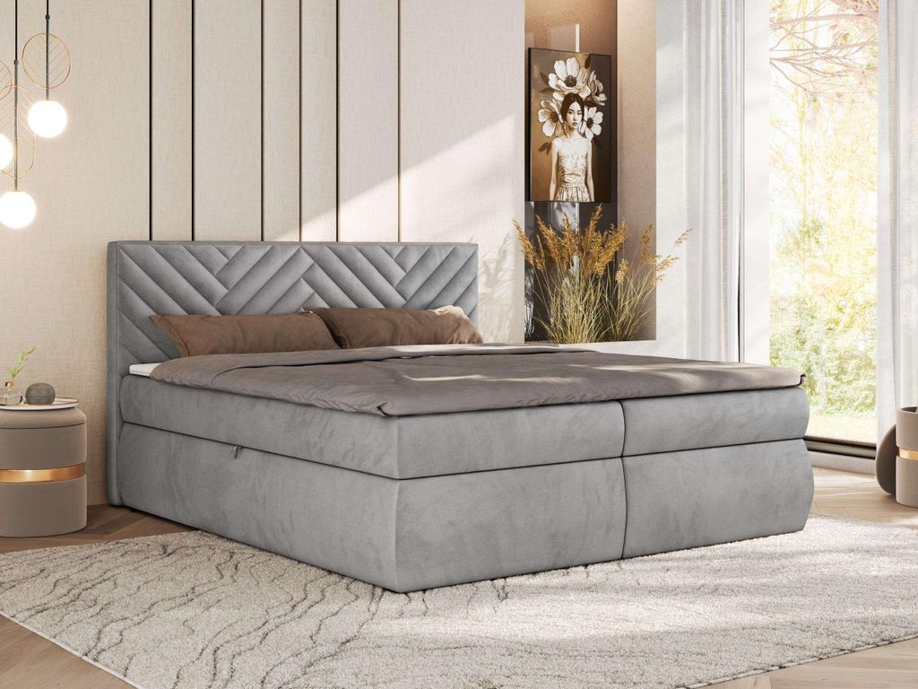 MKS MEBLE Boxspringbett Doppelbett AVERTA 140x200 Polsterbett mit Stauraum, Bonnell-Federkernmatratze H3 gepolstertes Kopfteil - Hellgrau Velvet