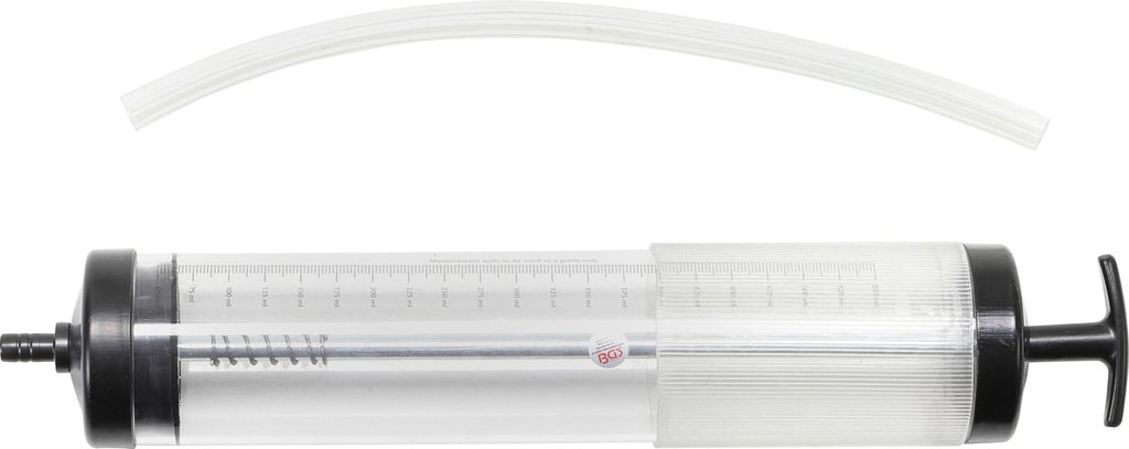 A clear studio shot of a fluid transfer pump and a piece of tubing against a white background.
