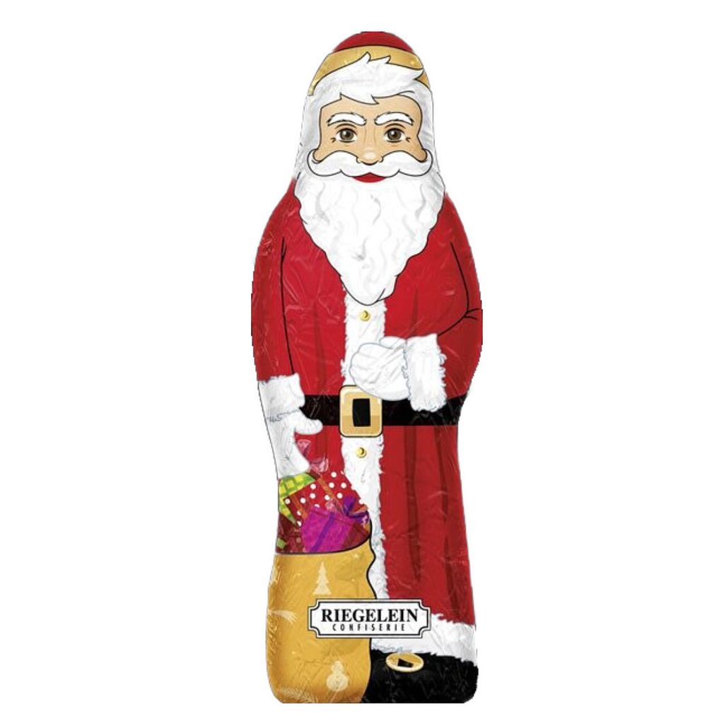 A chocolate Santa Claus figure wrapped in foil.