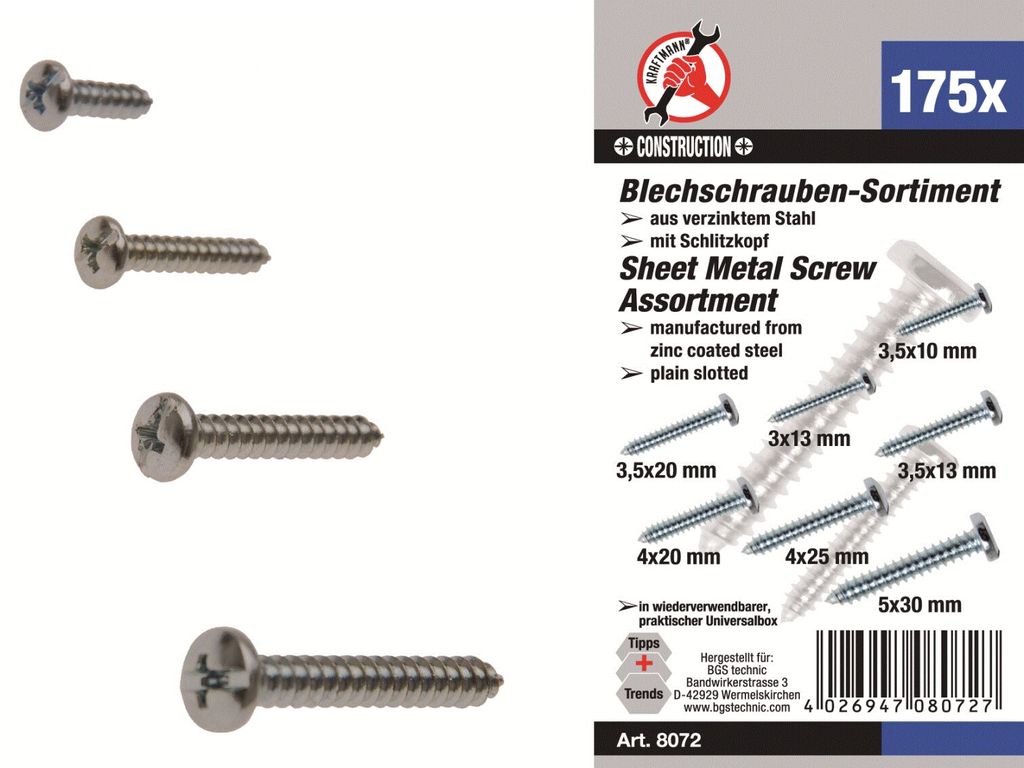 KRAFTMANN 8072 Blechschrauben-Sortiment, 175-tlg.