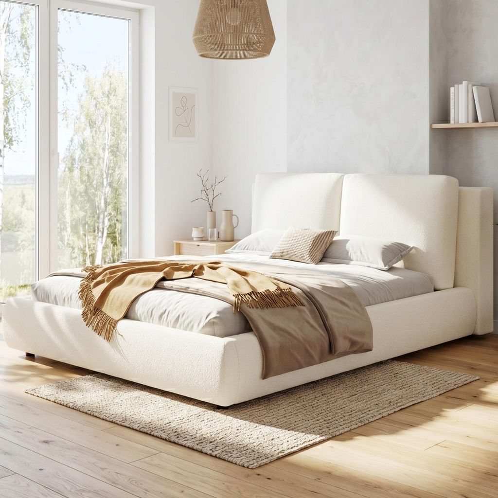 MODFU Doppelbett 160 × 200 Polsterbett mit 12 cm gepolsterte Kopfteil,hydraulisches Funktionsbett mit großem Stauraum,Bouclé,ohne Matratze,Beige