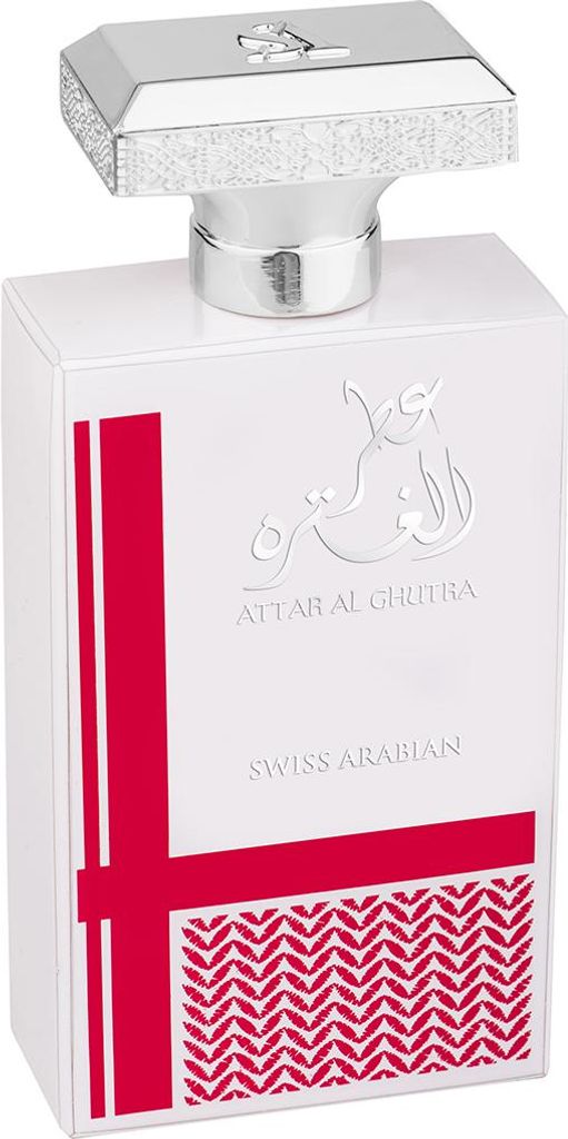 A white perfume bottle with red accents and silver cap.
