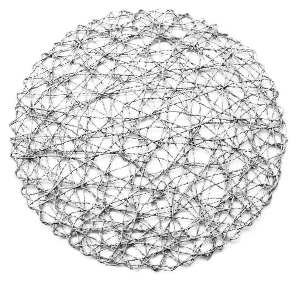 A round, woven placemat is shown from a top-down perspective against a white background.