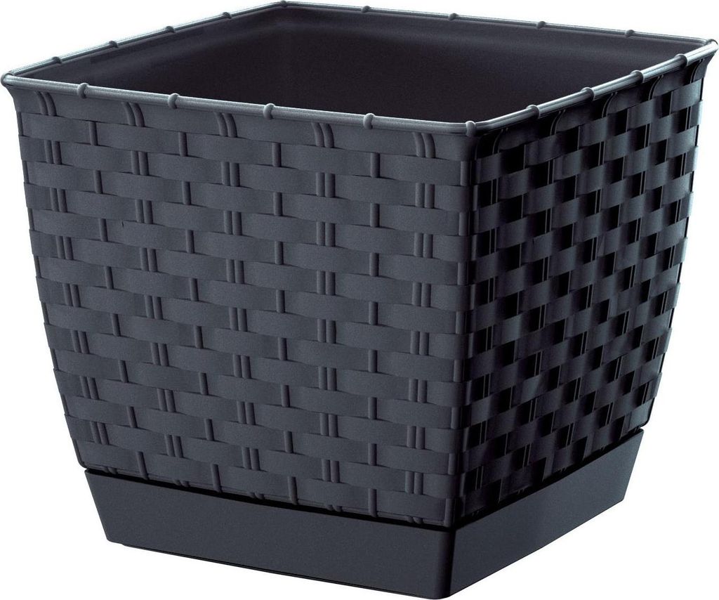 A square, dark gray woven-textured planter with a matching saucer, shown against a white background.