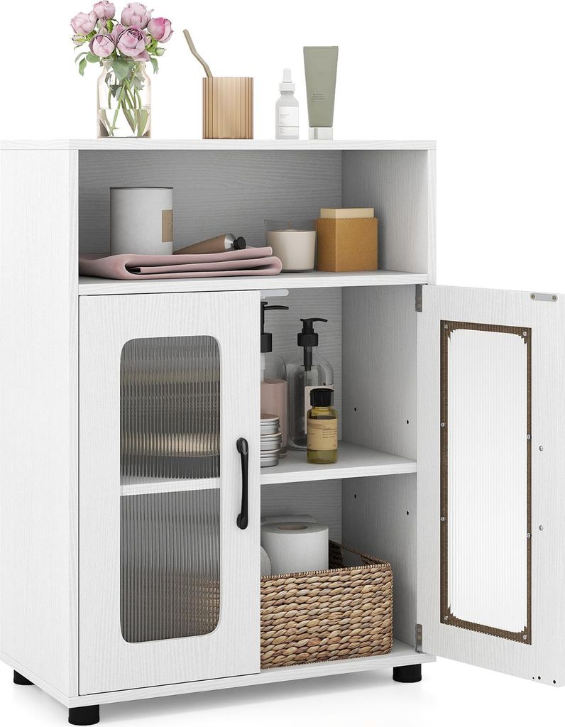 A white bathroom cabinet with two doors and shelves, displaying various bathroom items.