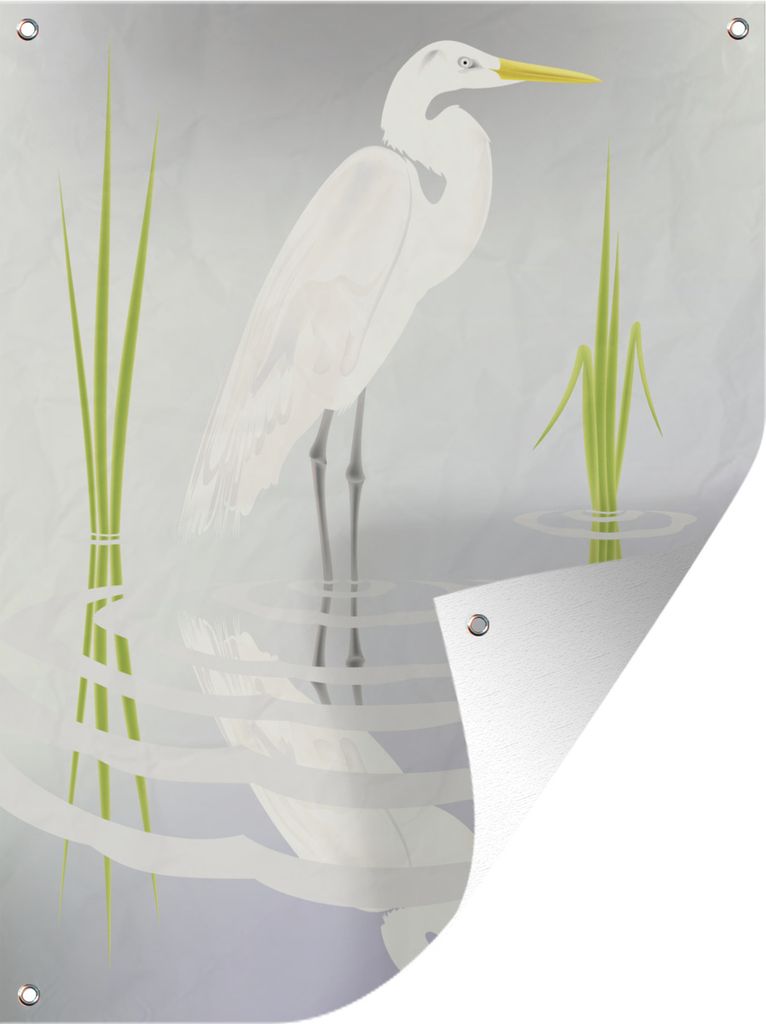 MuchoWow 60x80 cm Outdoor-Poster Gartendeko Sichtschutz Garten Poster für den Garten Eine Illustration eines weißen Reihers auf grauem Hinterg...