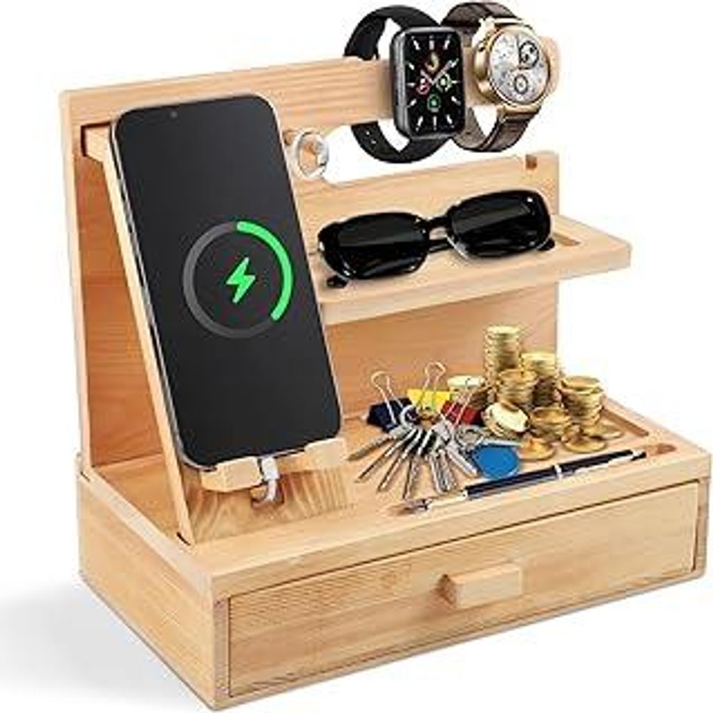 Schreibtisch Organizer Holz - Büro Organizer mit Handyhalter, Stifthalter, Ablage und Schublade, Bambus für Schreibtisch, Büro, Home-Office