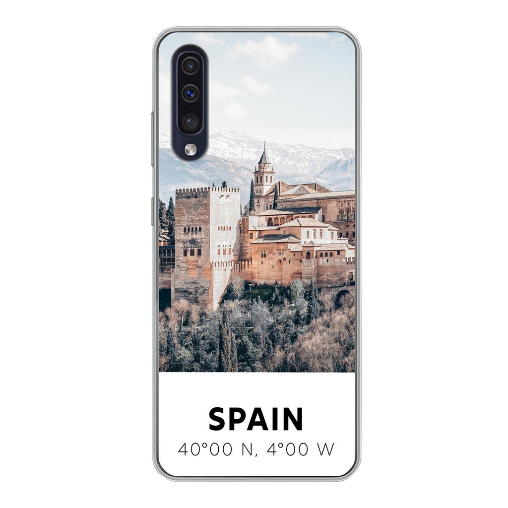 MuchoWow Handyhülle Schutzhülle Hülle für Samsung Galaxy A30s Spanien - Schloss - Vintage - Sommer Silikon Softcase Handy Hülle - Karteninhaber