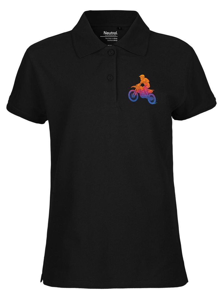 Huuraa Damen Polo Shirt Motocross bunte Silhouette XS Black Bio Baumwolle Fairtrade Poloshirt Geschenkidee