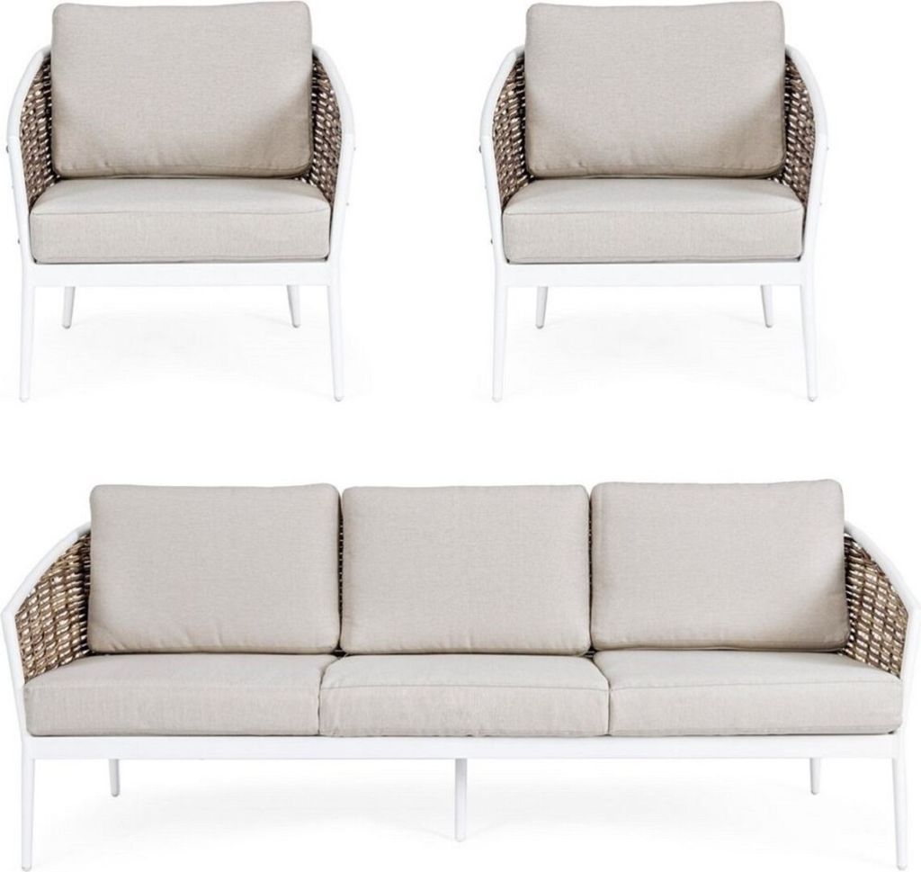 Casa Padrino Luxus Gartenmöbel Set Grau / Weiß / Braun - 1 Luxus Gartensofa & 2 Luxus Gartensessel - Garten Möbel - Terrassen Möbel - Hotel Mö...