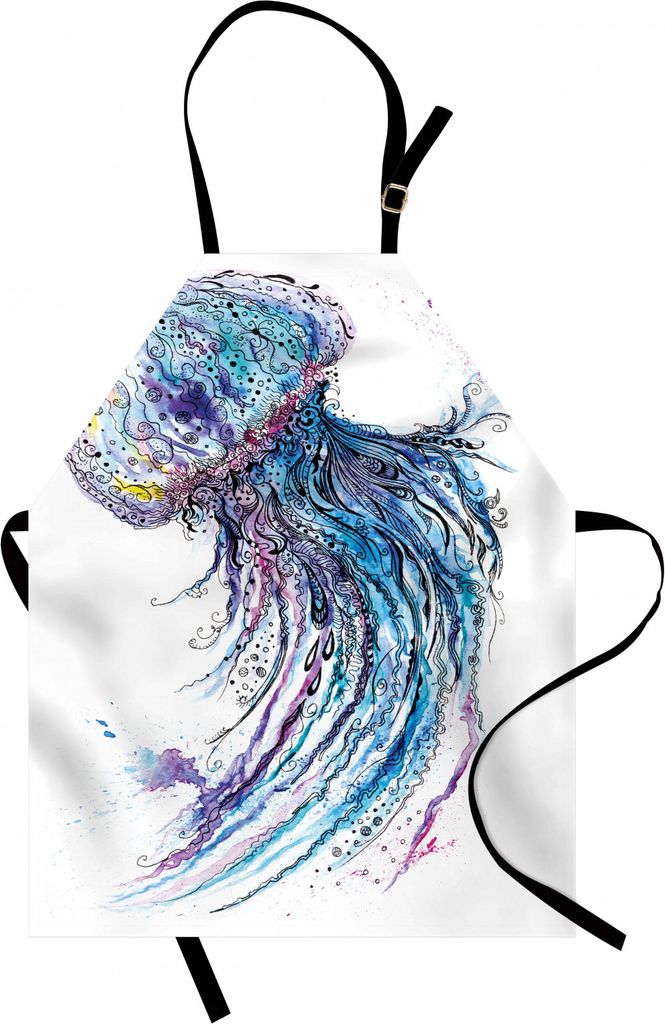 ABAKUHAUS Qualle Kochschürze, Aqua Farben Art Ocean Animal Print Skizze Stil kreative Meer Marine Theme, Farbfest Höhenverstellbar Waschbar Klare...