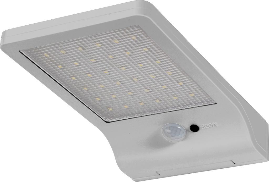 A close-up, angled view of a white LED solar outdoor light with a motion sensor.