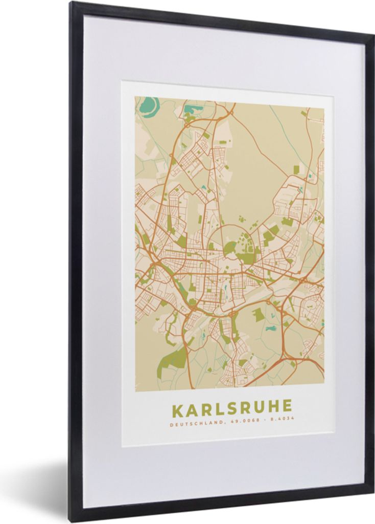 MuchoWow Gerahmtes Poster Stadtplan - Karlsruhe - Vintage - Stadtplan 40x60 cm - Poster mit Schwarzem Bilderrahmen Wandposter Rahmen Foto Bilder ...