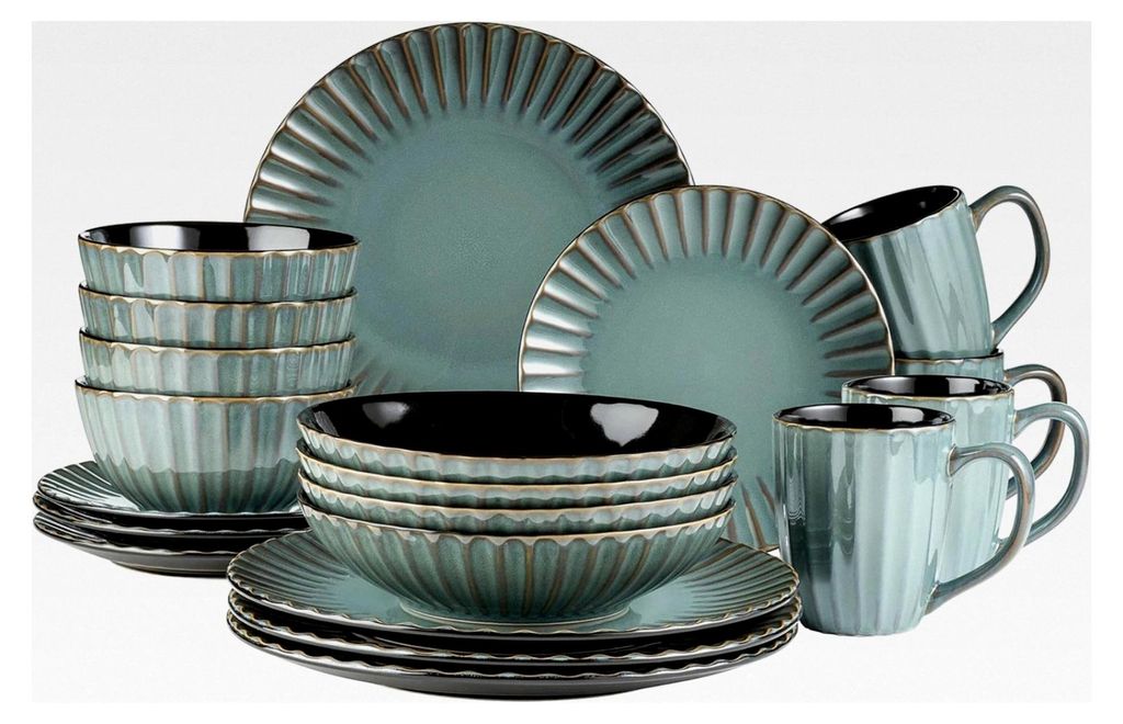 Confino Geschirr Set für 4 Personen im modernen Vintage Look, 20-teiliges Kombiservice aus Keramik in Petrol mit schwarzen Akzenten