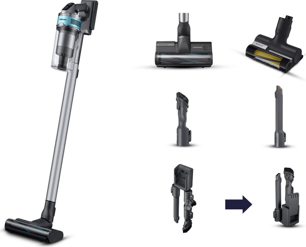 A collage of a cordless vacuum cleaner and its various attachments, against a white background.