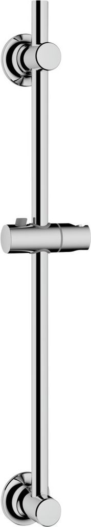 A chrome shower rail with a soap dish.