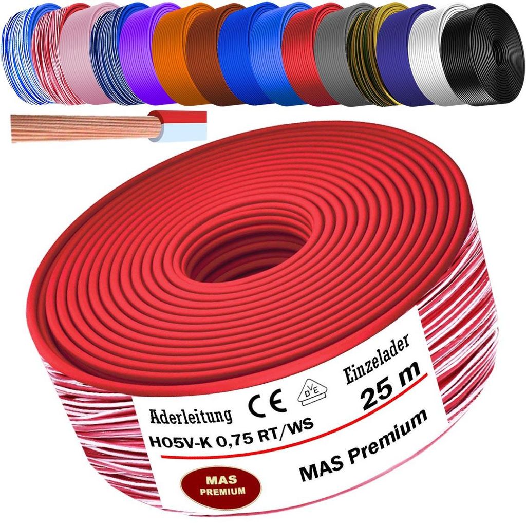 25m Aderleitung H05 V-K 0,75 mm² Rot-Weiß Einzelader Produktbild 