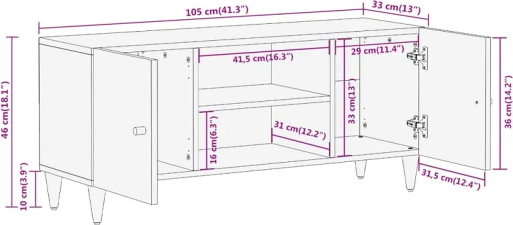 Base TV 105cm Legno di Mango e Ferro | Mobile Massiccio Alta Qualità - 10