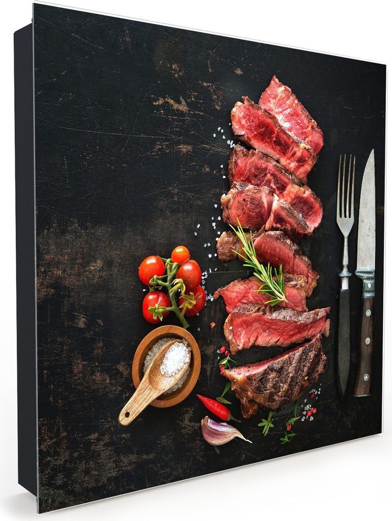 Nachbildung-Schlüsselkasten, Magnetpinnwand und Memoboard mit Glasfront Motiv Ribeye Steak auf Platte