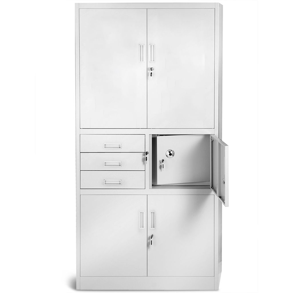 A white metal storage cabinet with multiple compartments, including drawers, a safe, and two lower doors.