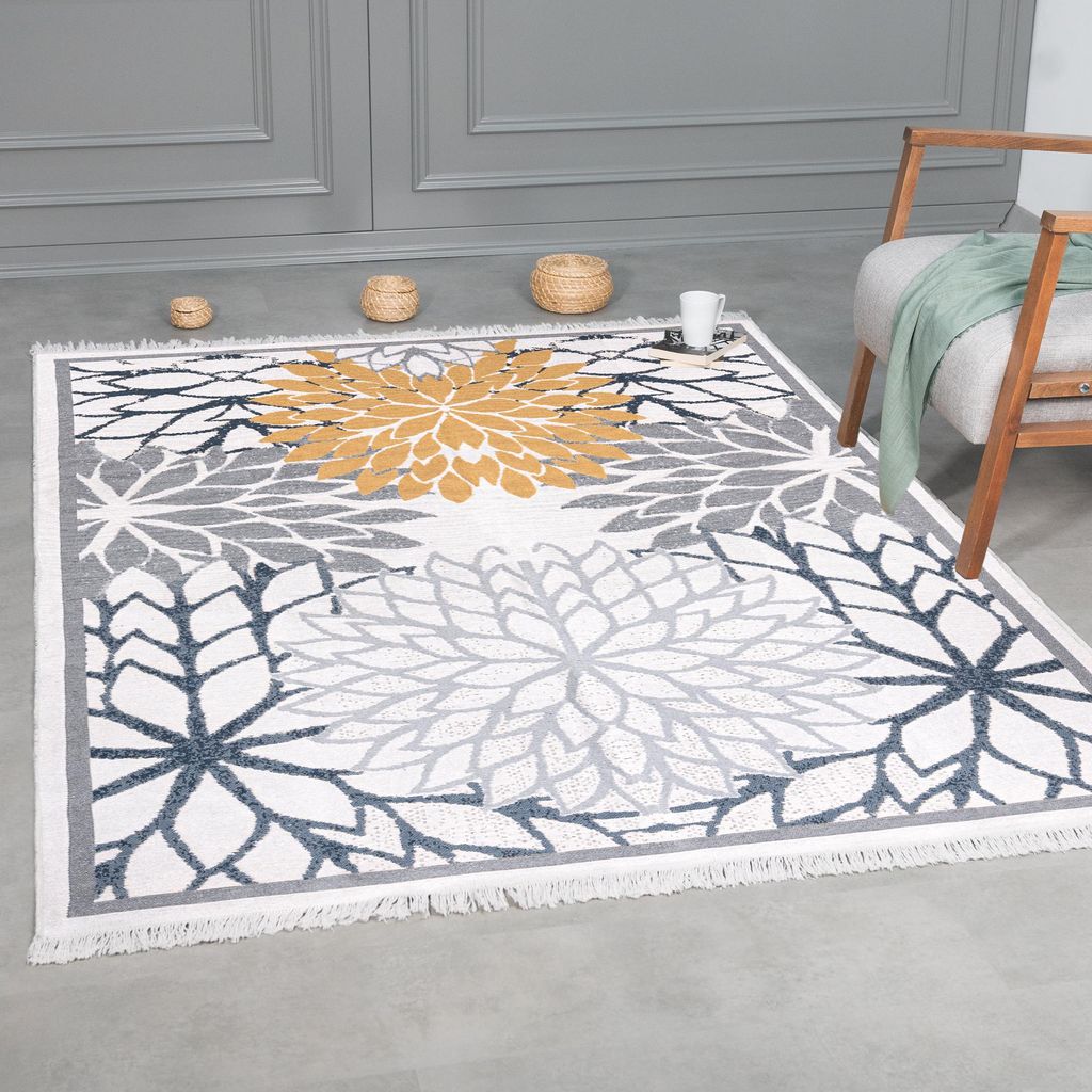 Kurzflor Teppich Läufer - Boho Kelim Teppich, Wohnzimmerteppich, Schlafzimmer und Küchenteppich, Flur Teppich, 60 x 90 cm, Orient-Blau-Gold