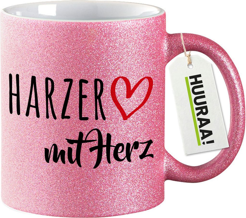 Huuraa Glitzertasse Harzer mit Herz 330ml Pink Keramik Kaffeebecher Geschenkidee