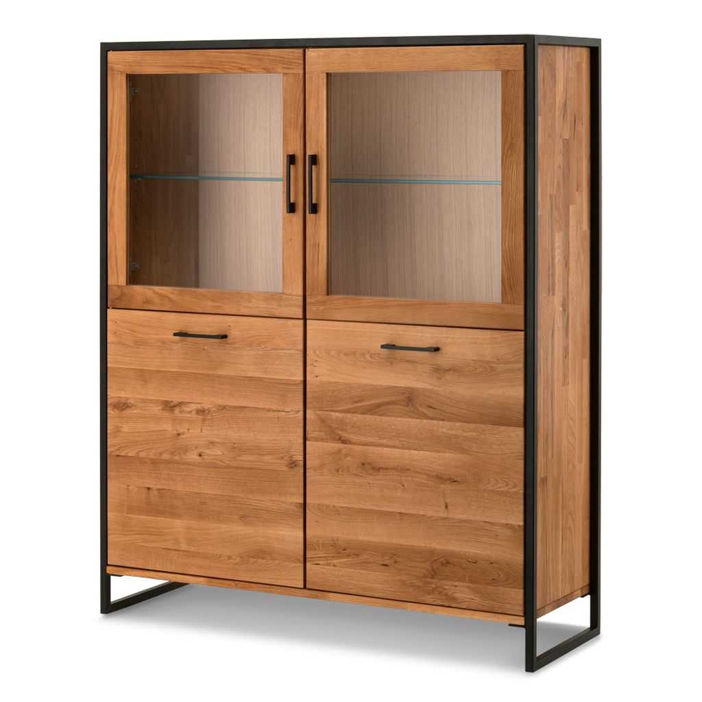 Highboard Eiche massiv geölt FORST-64, mit umlaufendem Metallrahmen, B/H/T: ca. 115/138/39 cm