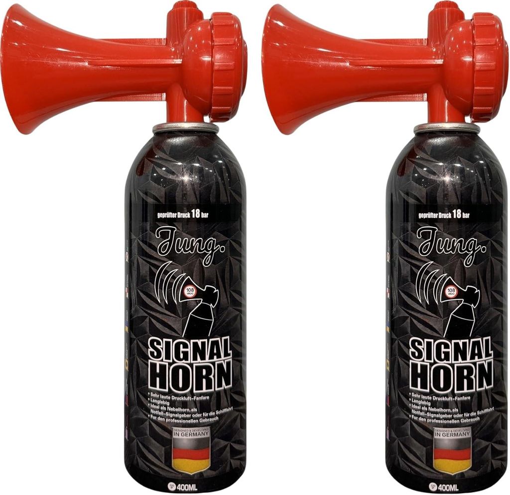 JUNG Signalpfeife Air Horn 2er Set Druckluftfanfare 400ml Signalhorn Fanfare Fan Artikel, (Deutschland Fussball WM 2026, Fanartikel Frauen & Männer)