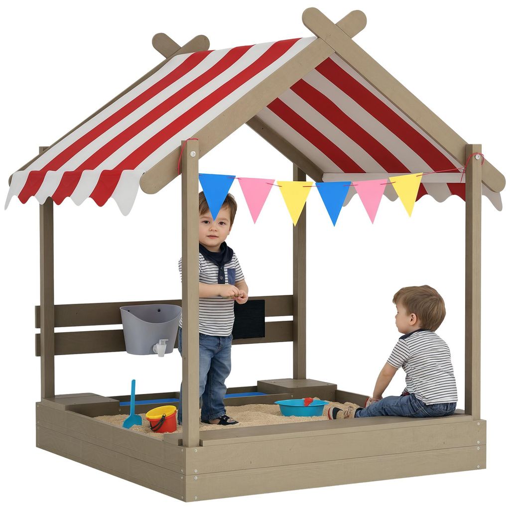 Sandkasten mit Sonnenschutz, Spielhaus-Design, mit Spielzeug-Set, behandeltes Massivholz, 124 x 116 x 146 cm, Grau, Tannenholz