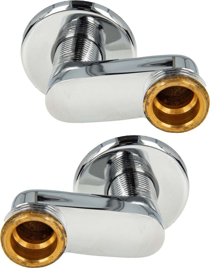 Two chrome S-shaped connectors with brass fittings are shown against a white background.