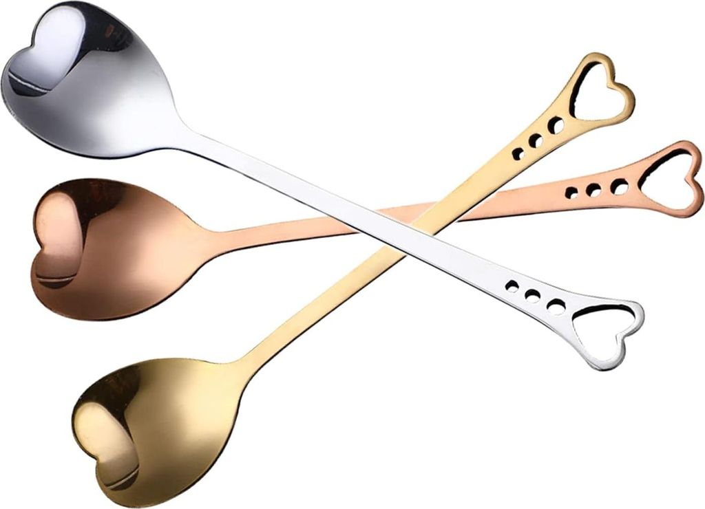 6 Edelstahl-Mini-Löffel, Edelstahl-Teelöffel, Herzförmige Löffel, Herz Rose Gold Teelöffel, Für Kaffee, Zuckerwürfel, Eis, Kuchen (14,3 cm)