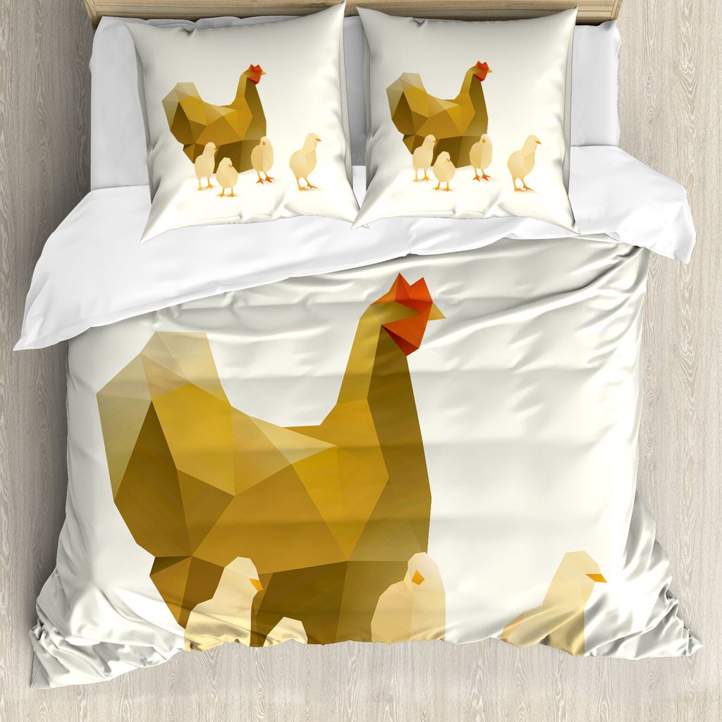 ABAKUHAUS Henne und Küken Bettbezug Set für Einzelbetten, Polygonal Tierkunst, Milbensicher Allergiker geeignet mit Kissenbezug, 200 cm x 200 cm ...